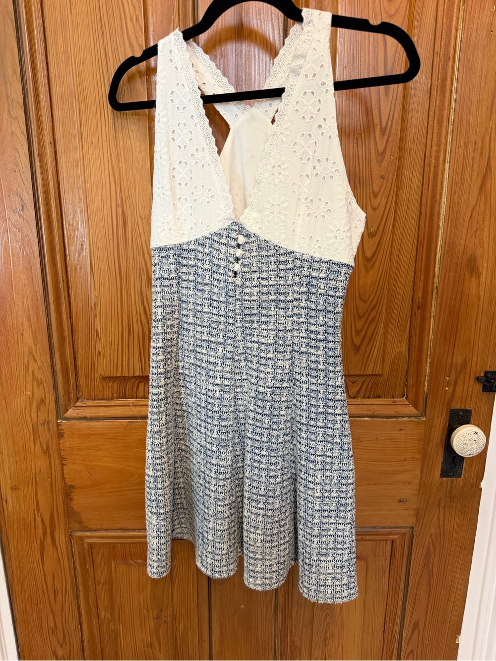 H&M Ivory Lace Bodice Blue Tweed Mini Dress